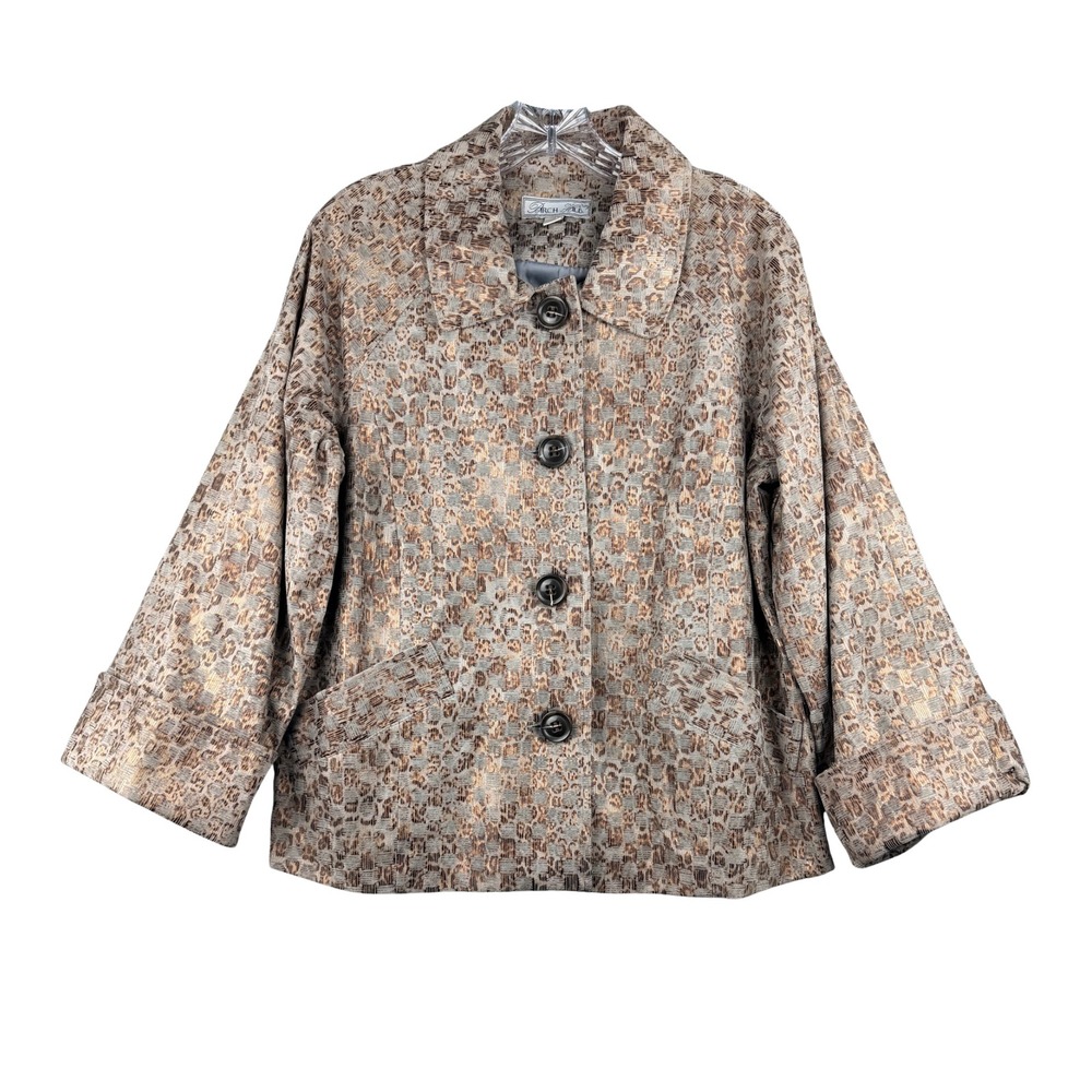 Birch Hill Womens Medium Metallic Gold Leopard Brocade Button Front Jacket